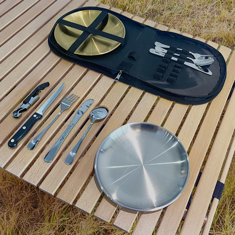 Outdoor Camping Picnic Cookware Bag – Portable Stainless Steel Tableware Organizer for Hiking & Travel
