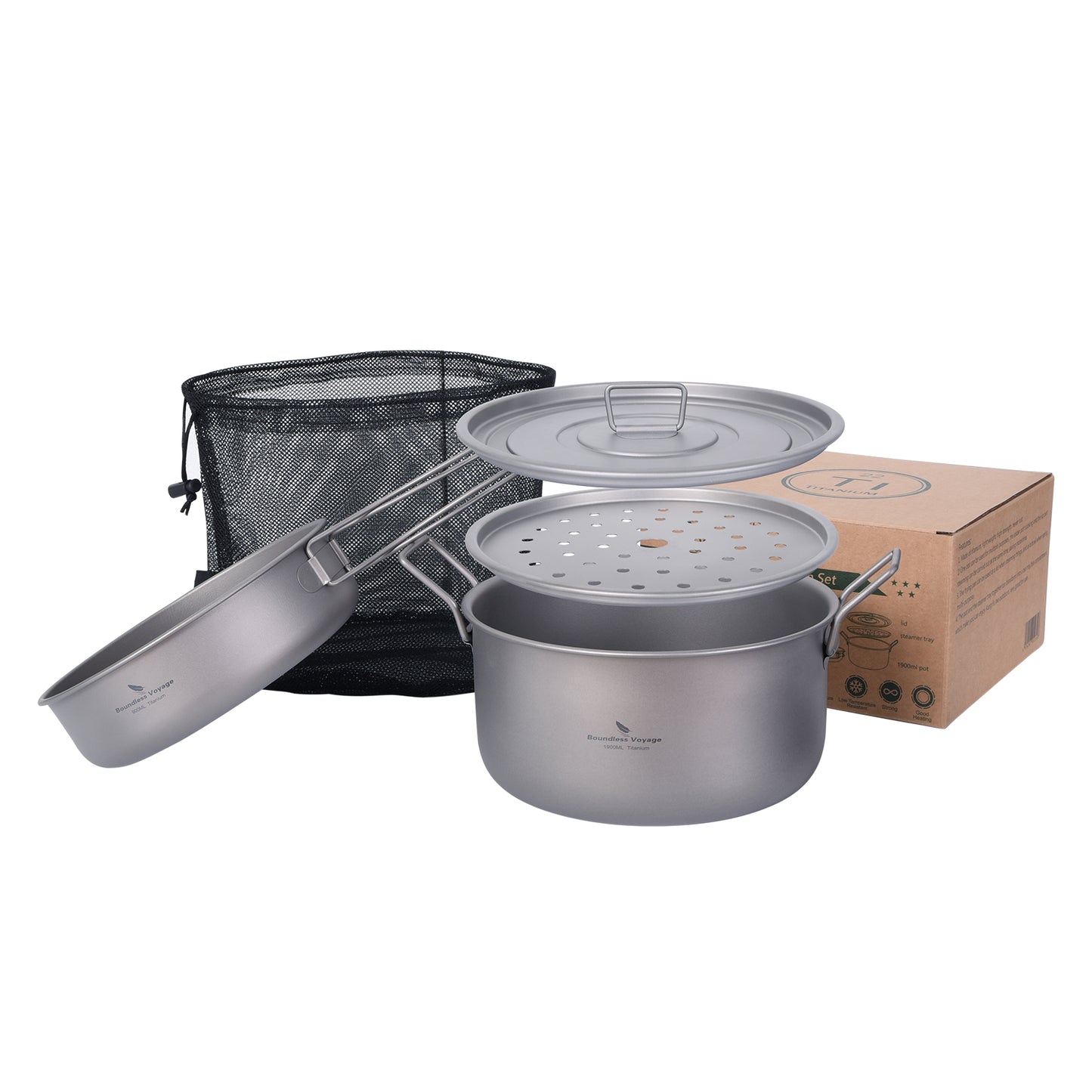 Boundless Voyage Multifunctional Titanium Steamer Soup Pot Frying Pan Set with Lid Outdoor Camping Wok Tea Tray Saucepan Mess Kit