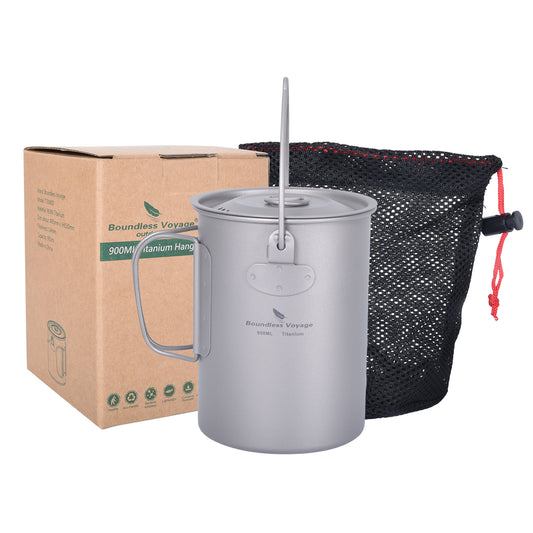 Boundless Voyage Titanium 900ml Camping Mug Pot – Ultralight Hanging Cup with Folding Handle for Hiking, Backpacking, Outdoor Cooking