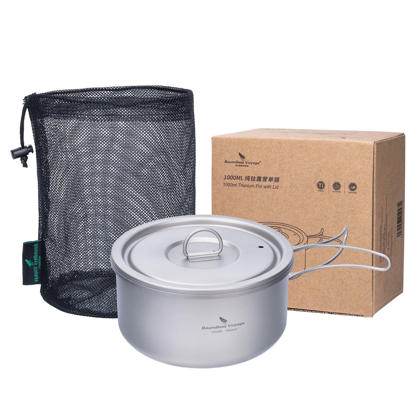 Boundless Voyage 1000ml Titanium Pot with Lid Outdoor Camping Individual Soldier Pot Single Layer Lunch Box with Folding Handle Portable Backpacking Cup