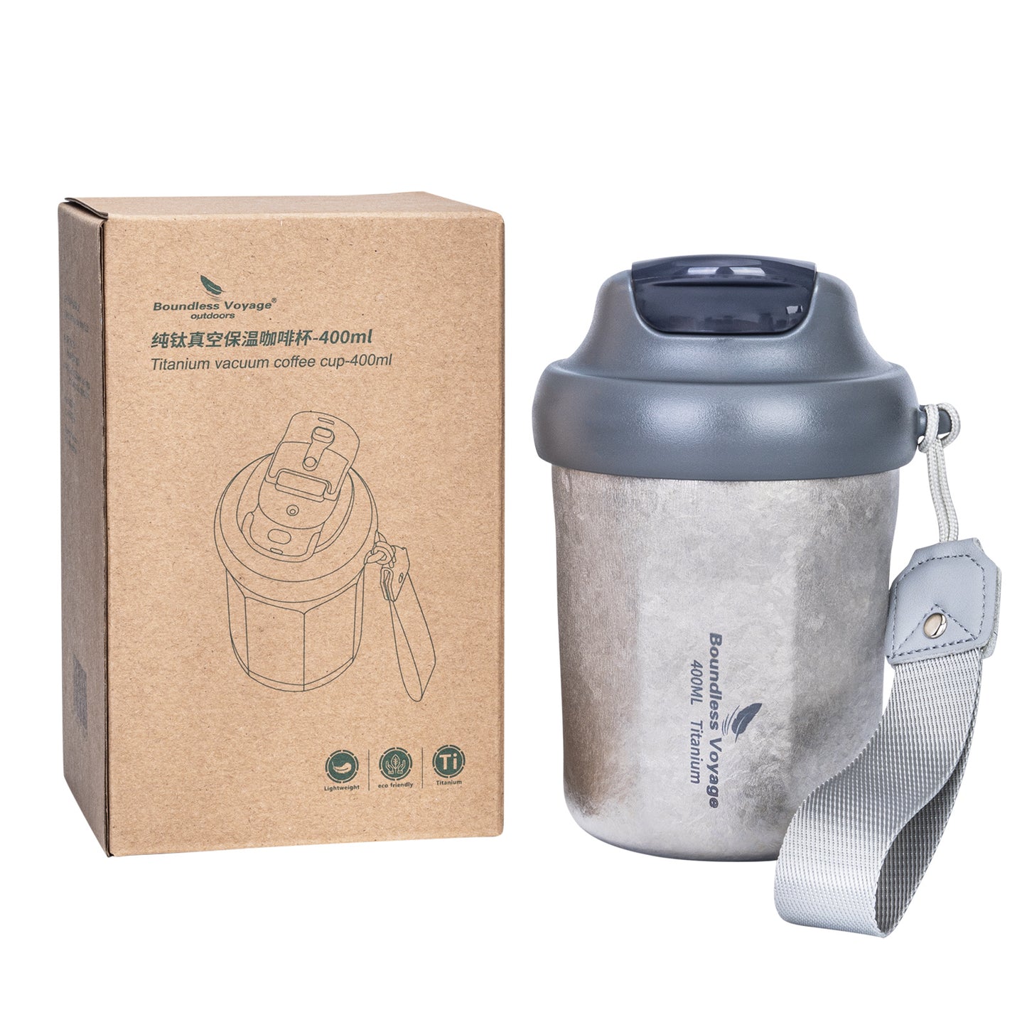 Boundless Voyage 400ml Titanium Vacuum Insulated Travel Mug | Ultralight Leak-Proof Thermos with Lid | Healthy Reusable Coffee Cup for Travel, Office & Camping