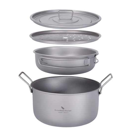 Boundless Voyage Multifunctional Titanium Steamer Soup Pot Frying Pan Set with Lid Outdoor Camping Wok Tea Tray Saucepan Mess Kit