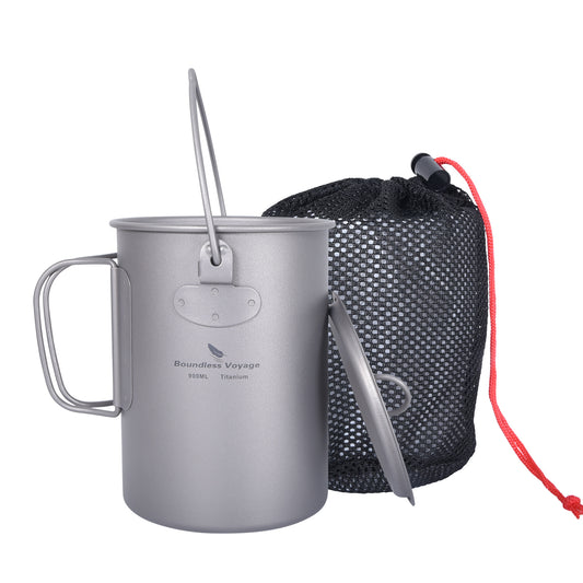 Boundless Voyage Titanium 900ml Camping Mug Pot – Ultralight Hanging Cup with Folding Handle for Hiking, Backpacking, Outdoor Cooking