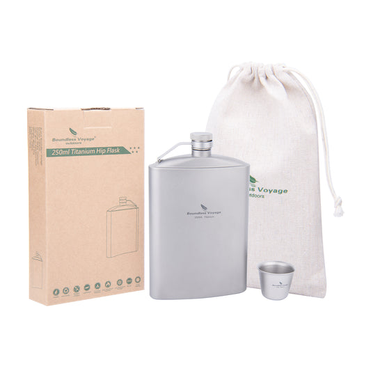Boundless Voyage Titanium Flask 250ml with Cup & Funnel | Ultralight Pure Titanium Hip Flask for Camping Hiking Travel