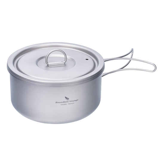 Boundless Voyage 1000ml Titanium Pot with Lid Outdoor Camping Individual Soldier Pot Single Layer Lunch Box with Folding Handle Portable Backpacking Cup