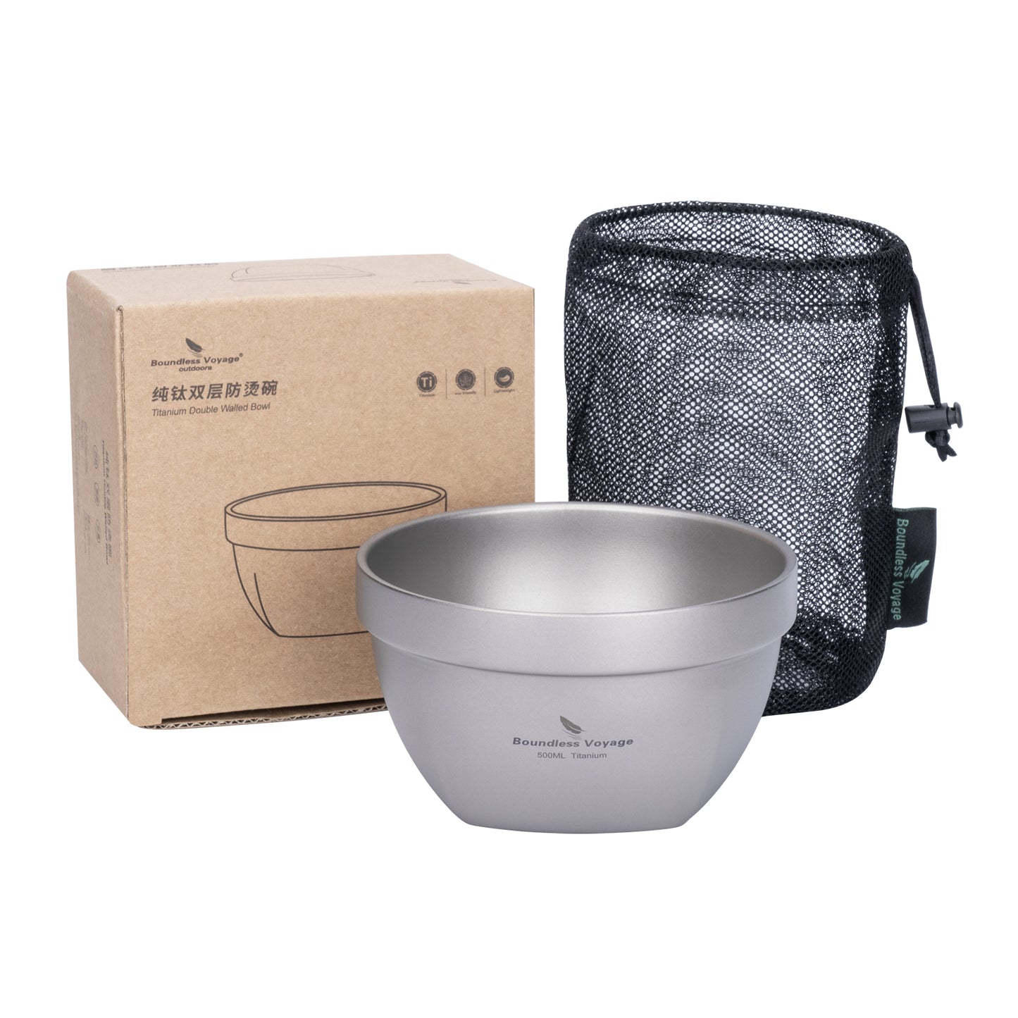 Boundless Voyage 500ml Double Walled Titanium Bowl Oatmeal Food Rice Soup Bowl Ultralight Portable Tableware Outdoor Camping Metal Bowl