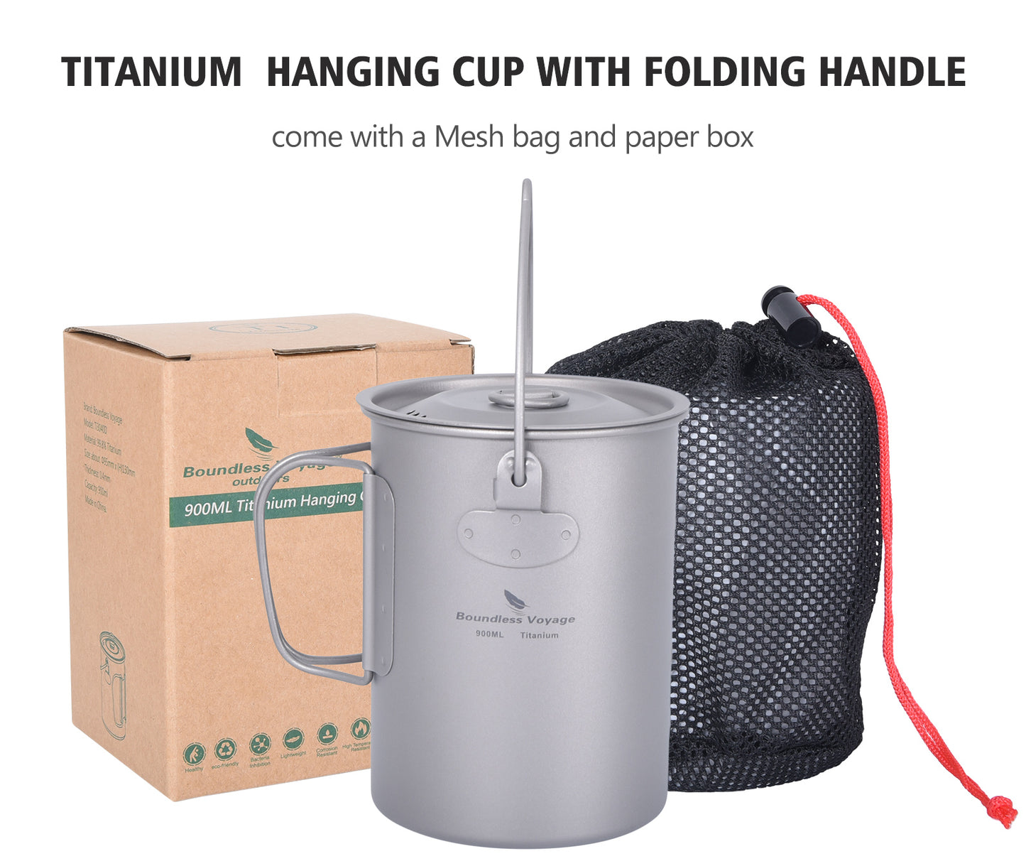 Boundless Voyage Titanium 900ml Camping Mug Pot – Ultralight Hanging Cup with Folding Handle for Hiking, Backpacking, Outdoor Cooking