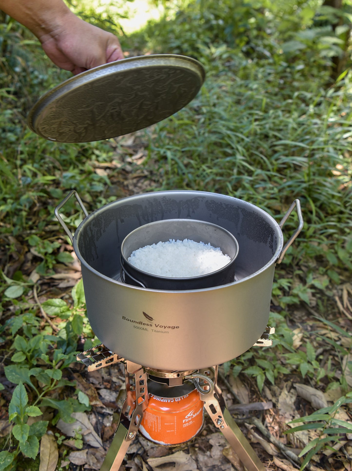Boundless Voyage Outdoor Camping Titanium Pot 5.0L Stockpot with Lid Folding Handle Hiking Picnic Portable Big Capacity Soup Pot Home Kitchen