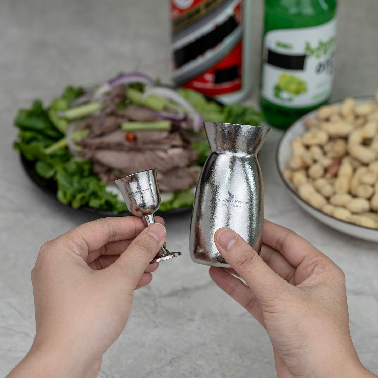 Boundless Voyage 3 Pieces Titanium Japanese Sake Set, 150ml Sake Carafe with 2 Cups, for for Sake Japanese Wine/Soju/Drink/Tea Dishwasher Safe Portable Drinkware for Outdoor Travel