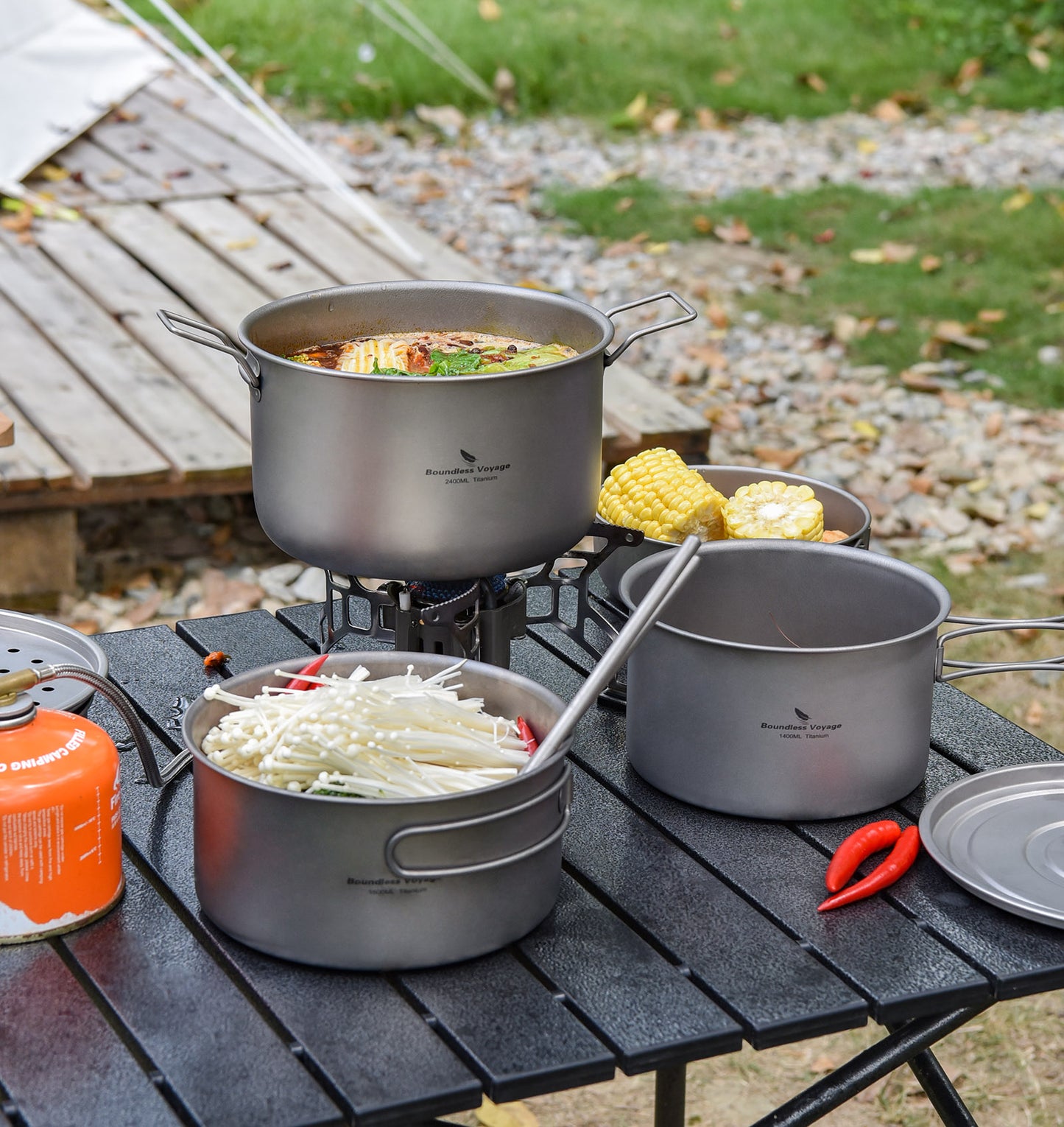 Boundless Voyage Titanium 3pcs Camping Cookware Mess Kit, Camping Cooking Set, Portable Nonstick Camp Pots Set 1.4L 1.6L 2.4L for Outdoor Camping, Picnic, Hiking, Backpacking