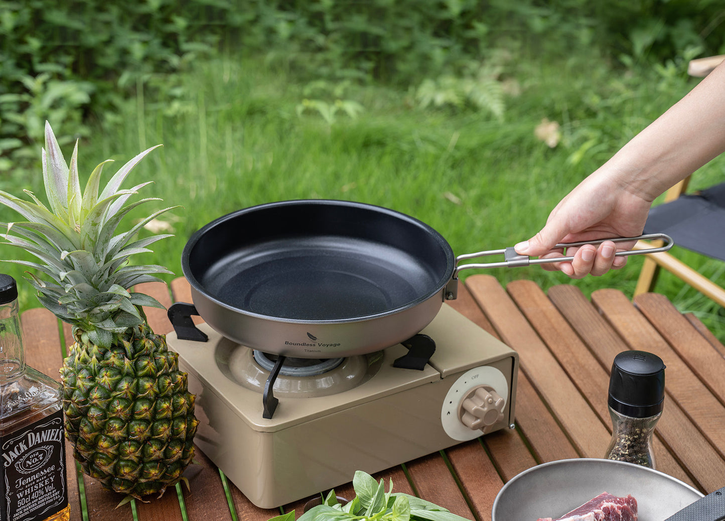 Boundless Voyage Titanium Non-stick Frying Pan Outdoor Camping Skillet with Folding Handle Lightweight Cookware