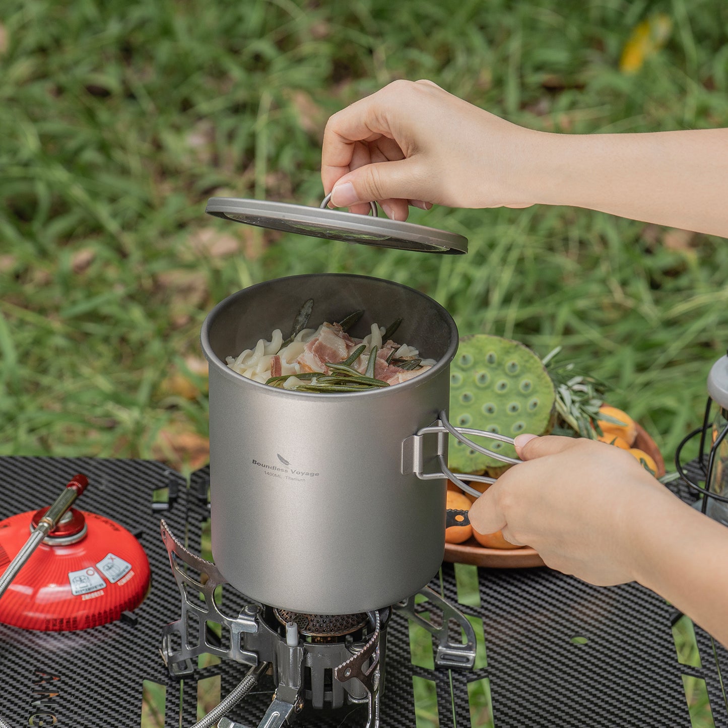 Boundless Voyage Titanium Camping Pot 1400ml Ultralight Backpacking Cookware with Folding Handle & Lid for Backpackers, Hikers & Outdoor Enthusiasts