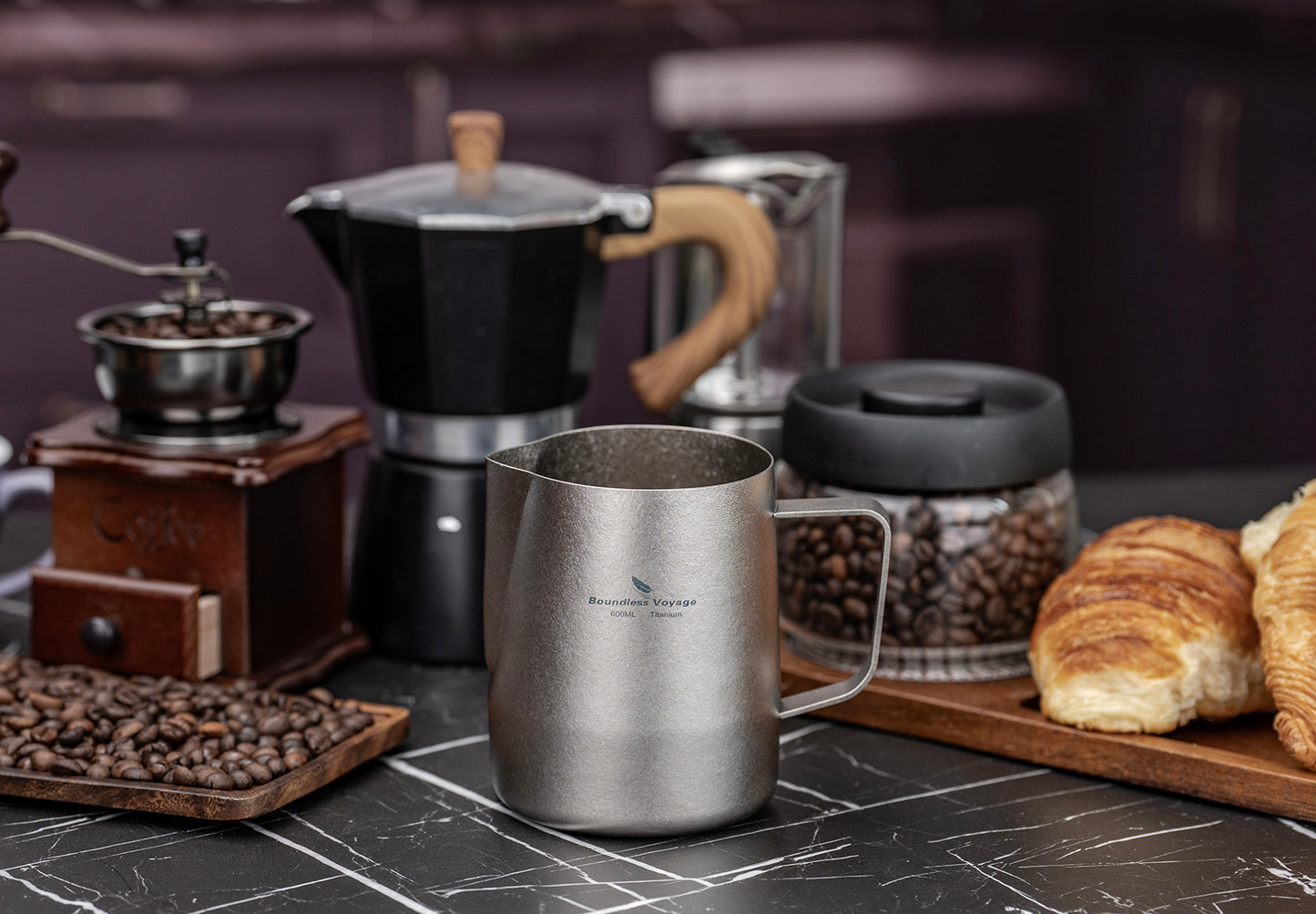 Boundless Voyage Titanium Espresso Steaming Pitcher Titanium Milk Frother Cup Barista Latte Art Round Spout Milk Jug Coffee Cup