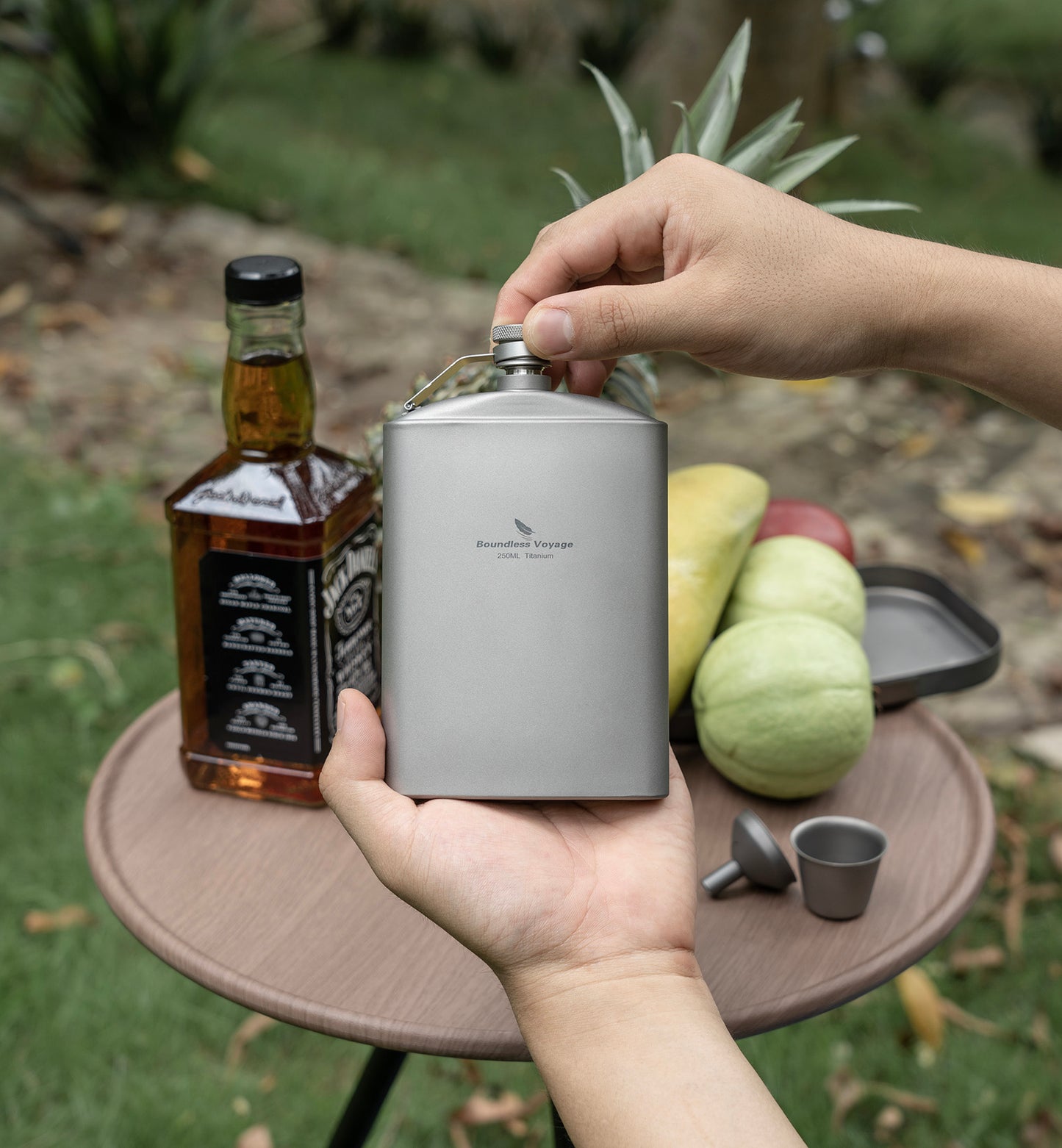 Boundless Voyage Titanium Flask 250ml with Cup & Funnel | Ultralight Pure Titanium Hip Flask for Camping Hiking Travel
