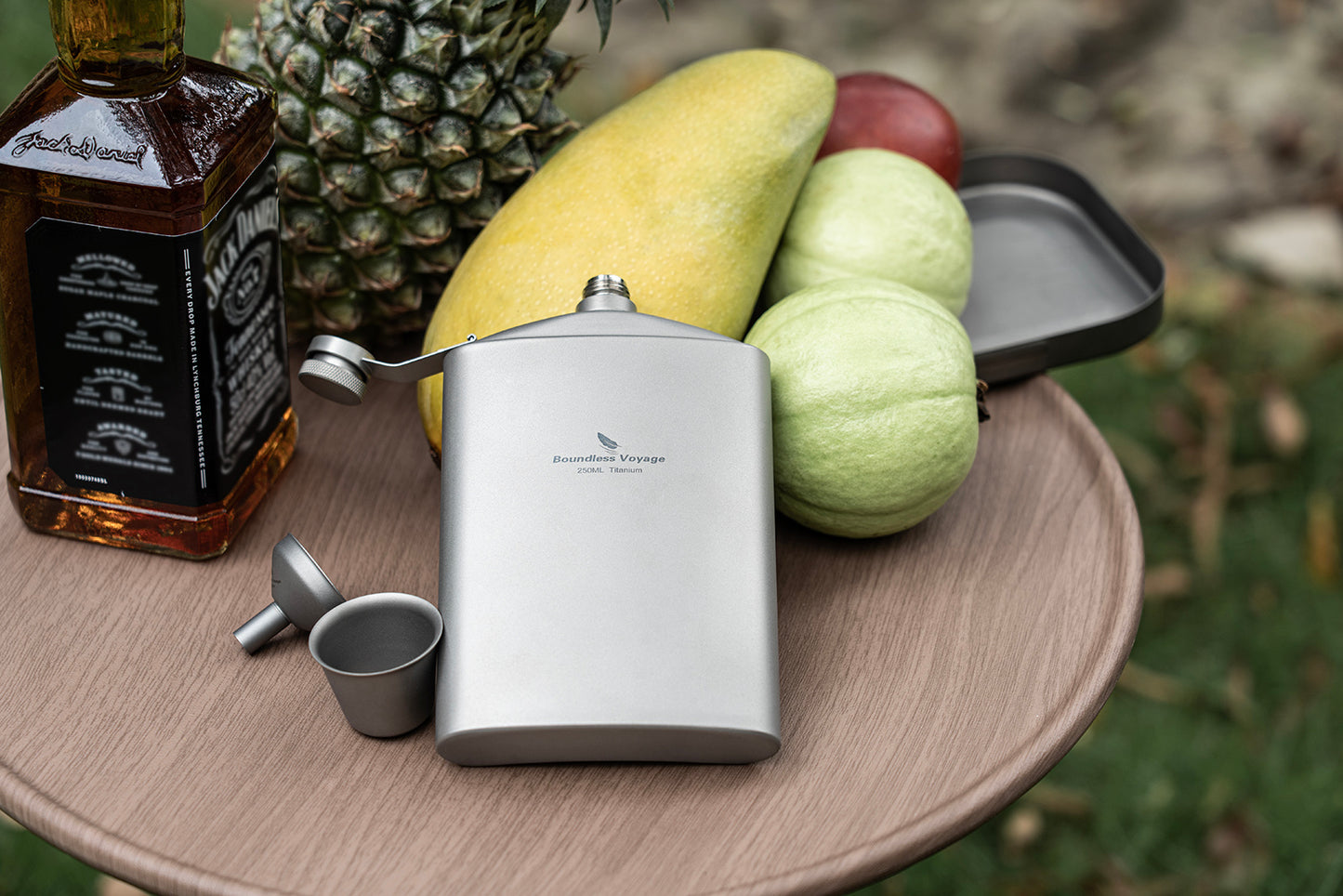 Boundless Voyage Titanium Flask 250ml with Cup & Funnel | Ultralight Pure Titanium Hip Flask for Camping Hiking Travel