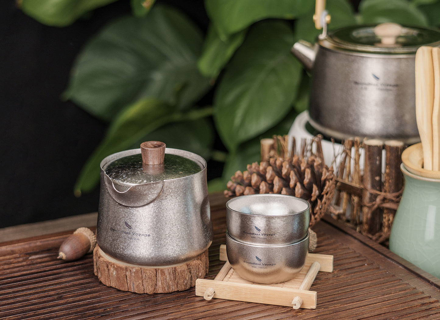 Boundless Voyage Titanium Double-Layer Tea Maker Cups Set Outdoor Camping Portable Tea Pot Tea Mug
