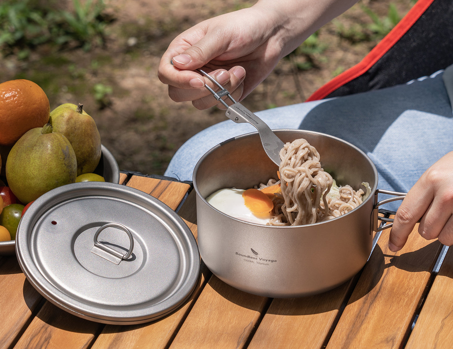 Boundless Voyage 1000ml Titanium Pot with Lid Outdoor Camping Individual Soldier Pot Single Layer Lunch Box with Folding Handle Portable Backpacking Cup