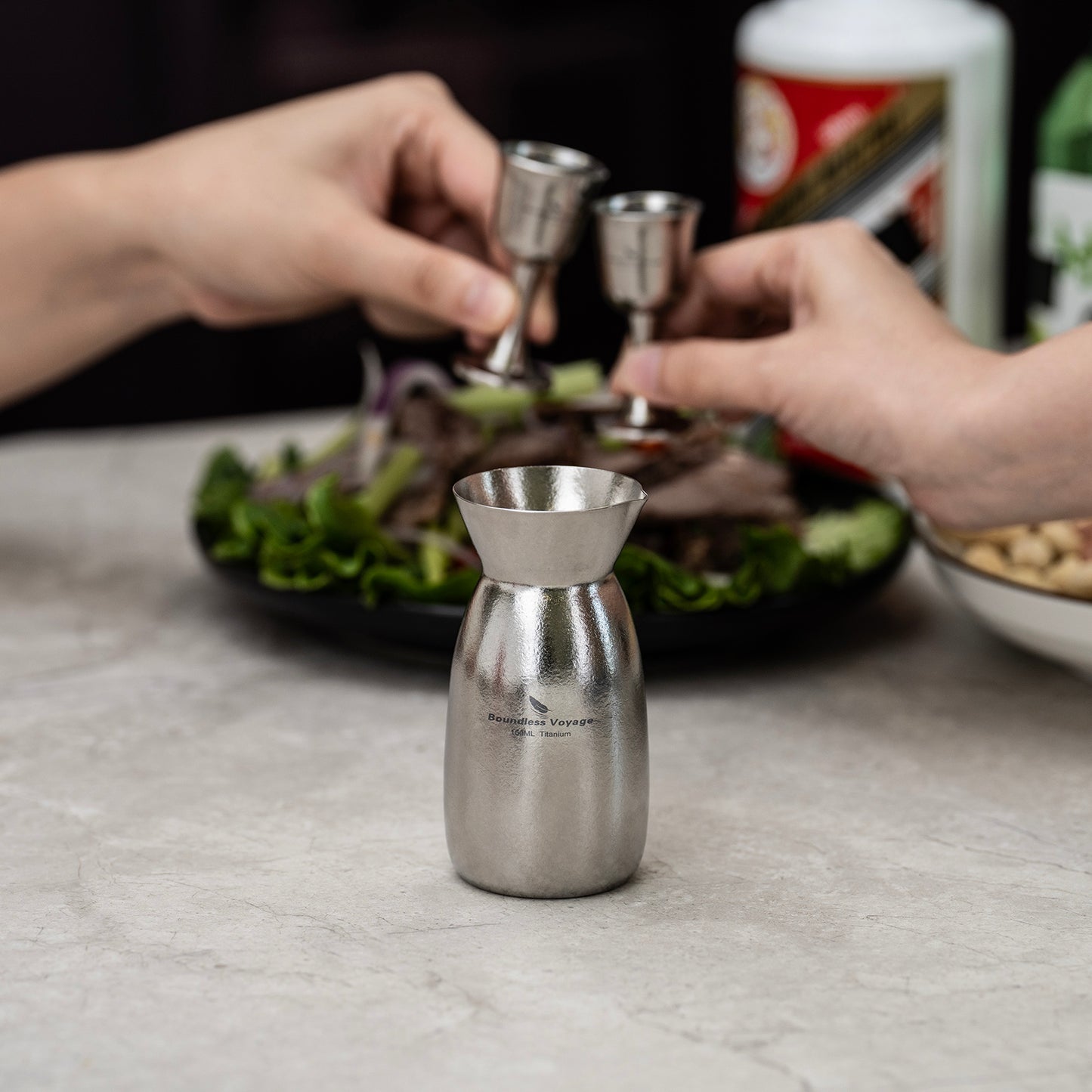 Boundless Voyage 3 Pieces Titanium Japanese Sake Set, 150ml Sake Carafe with 2 Cups, for for Sake Japanese Wine/Soju/Drink/Tea Dishwasher Safe Portable Drinkware for Outdoor Travel