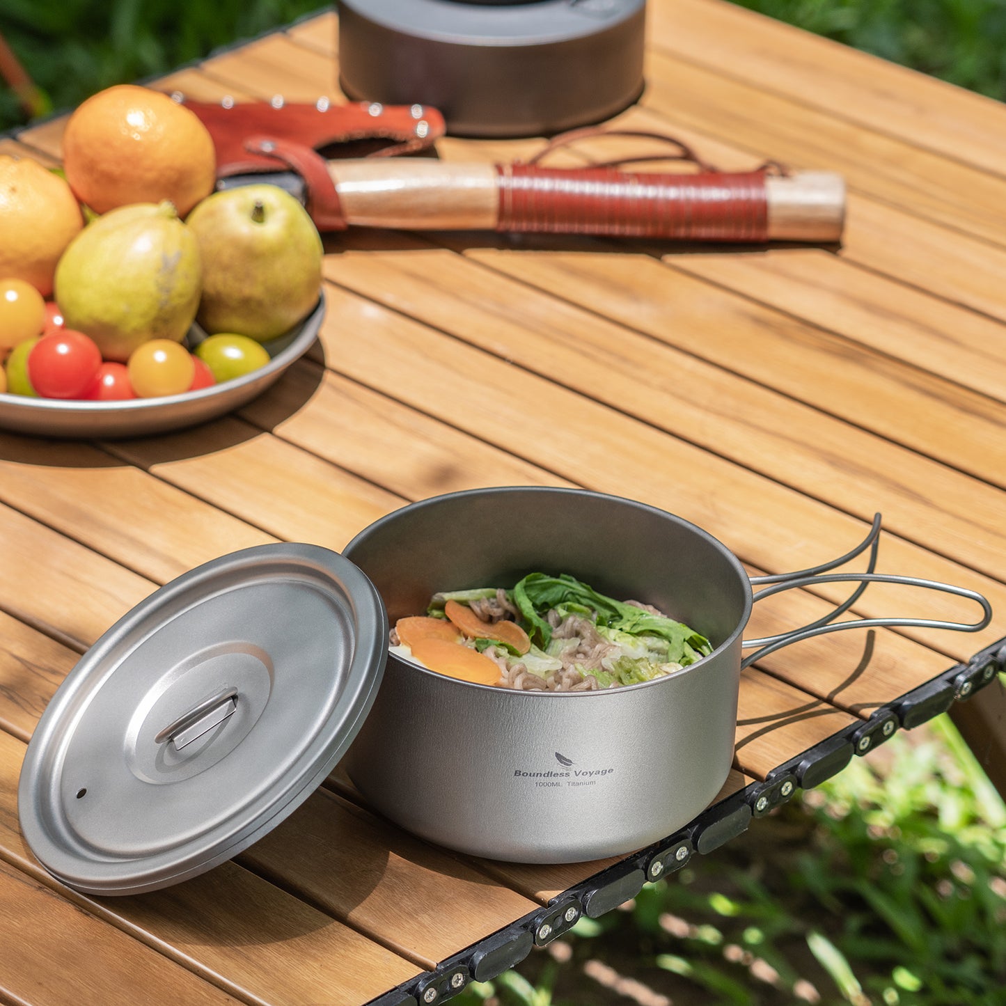 Boundless Voyage 1000ml Titanium Pot with Lid Outdoor Camping Individual Soldier Pot Single Layer Lunch Box with Folding Handle Portable Backpacking Cup