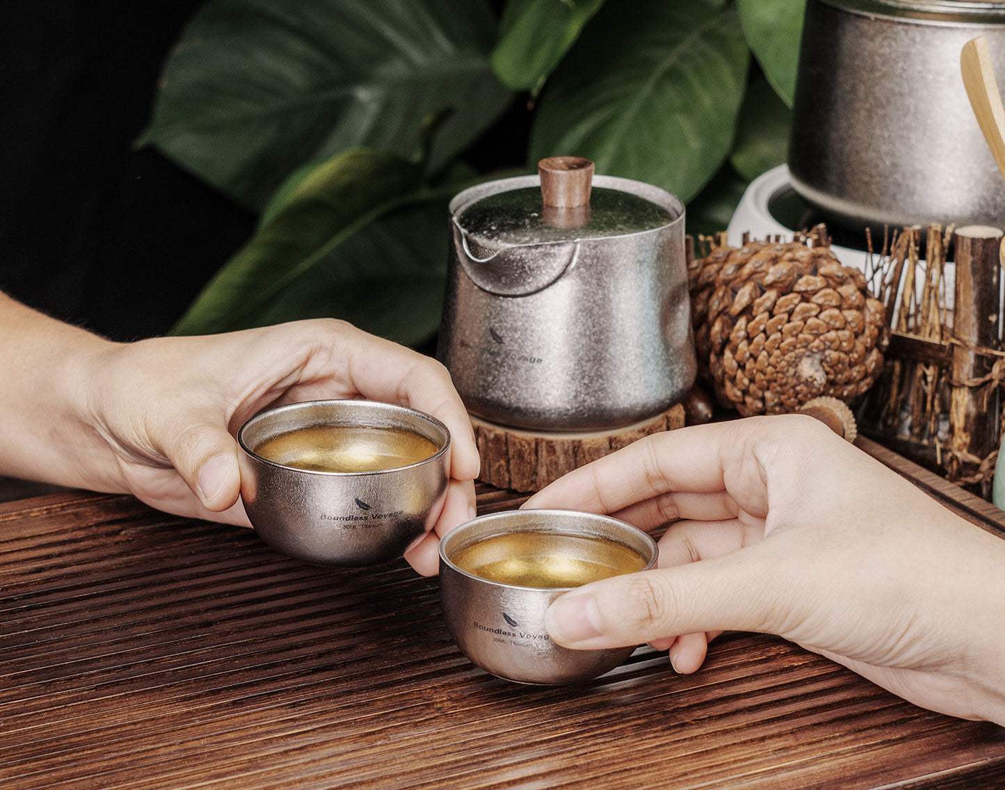 Boundless Voyage Titanium Double-Layer Tea Maker Cups Set Outdoor Camping Portable Tea Pot Tea Mug