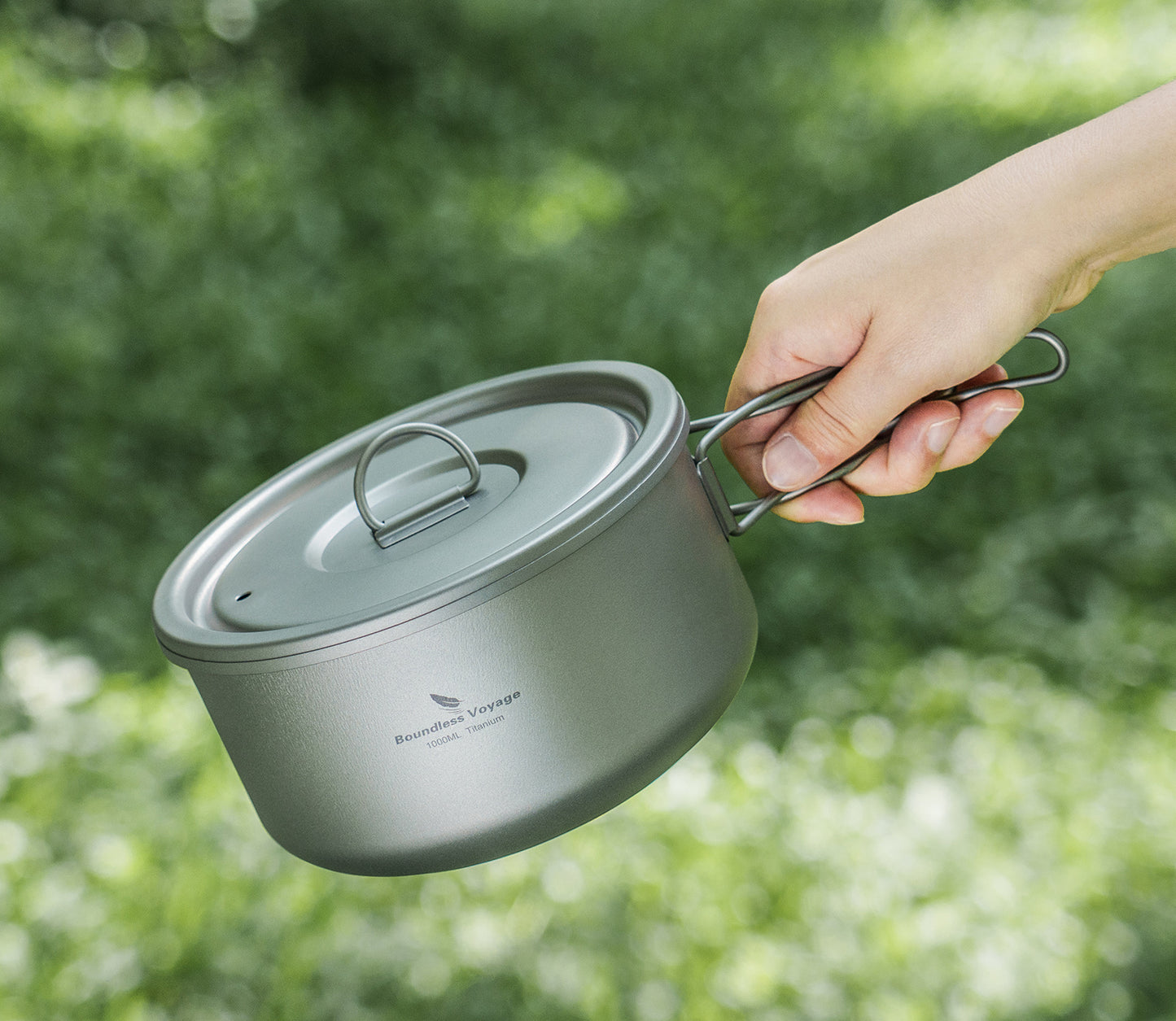 Boundless Voyage 1000ml Titanium Pot with Lid Outdoor Camping Individual Soldier Pot Single Layer Lunch Box with Folding Handle Portable Backpacking Cup