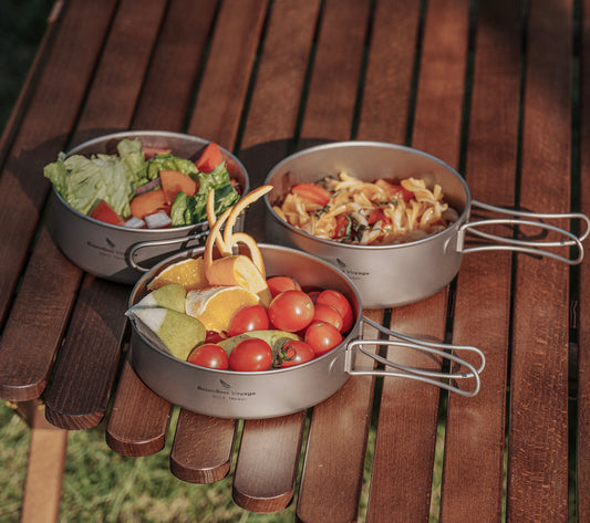 Boundless Voyage Titanium Pot Pan Set with Collapsible Folding Handle Ultralight Tableware Outdoor Dinnerware Set 3pcs