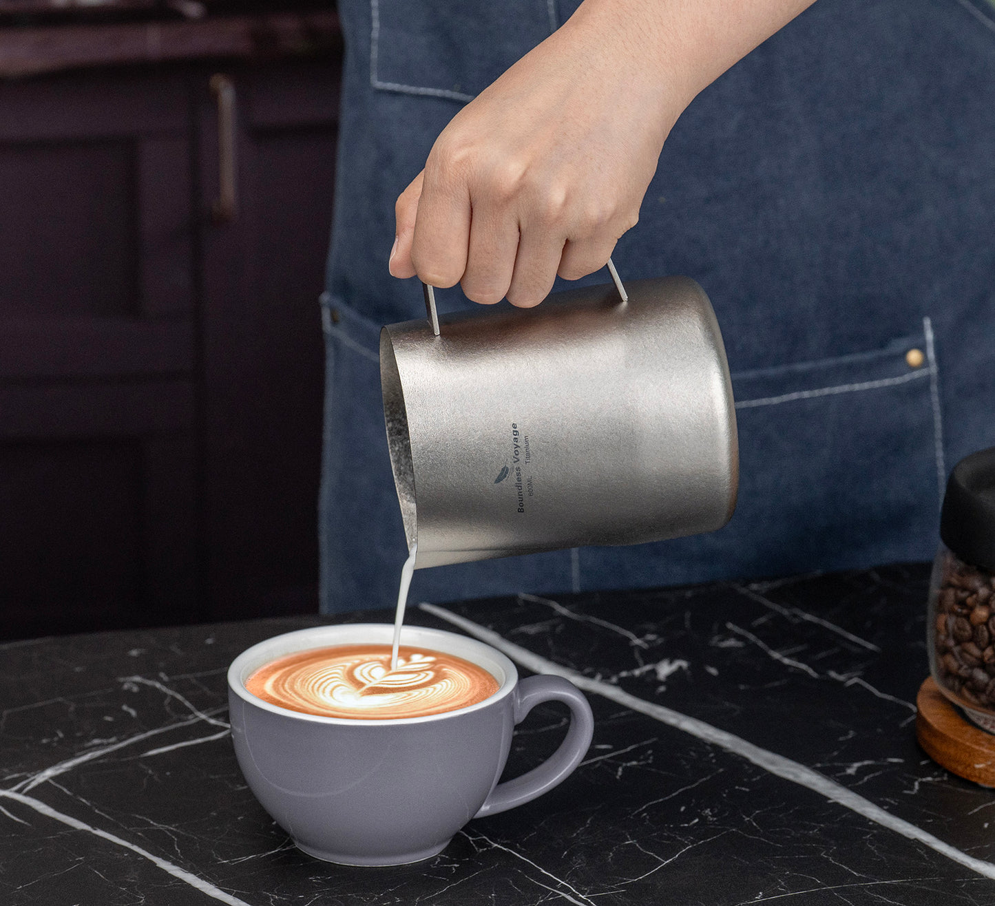 Boundless Voyage Titanium Espresso Steaming Pitcher Titanium Milk Frother Cup Barista Latte Art Round Spout Milk Jug Coffee Cup