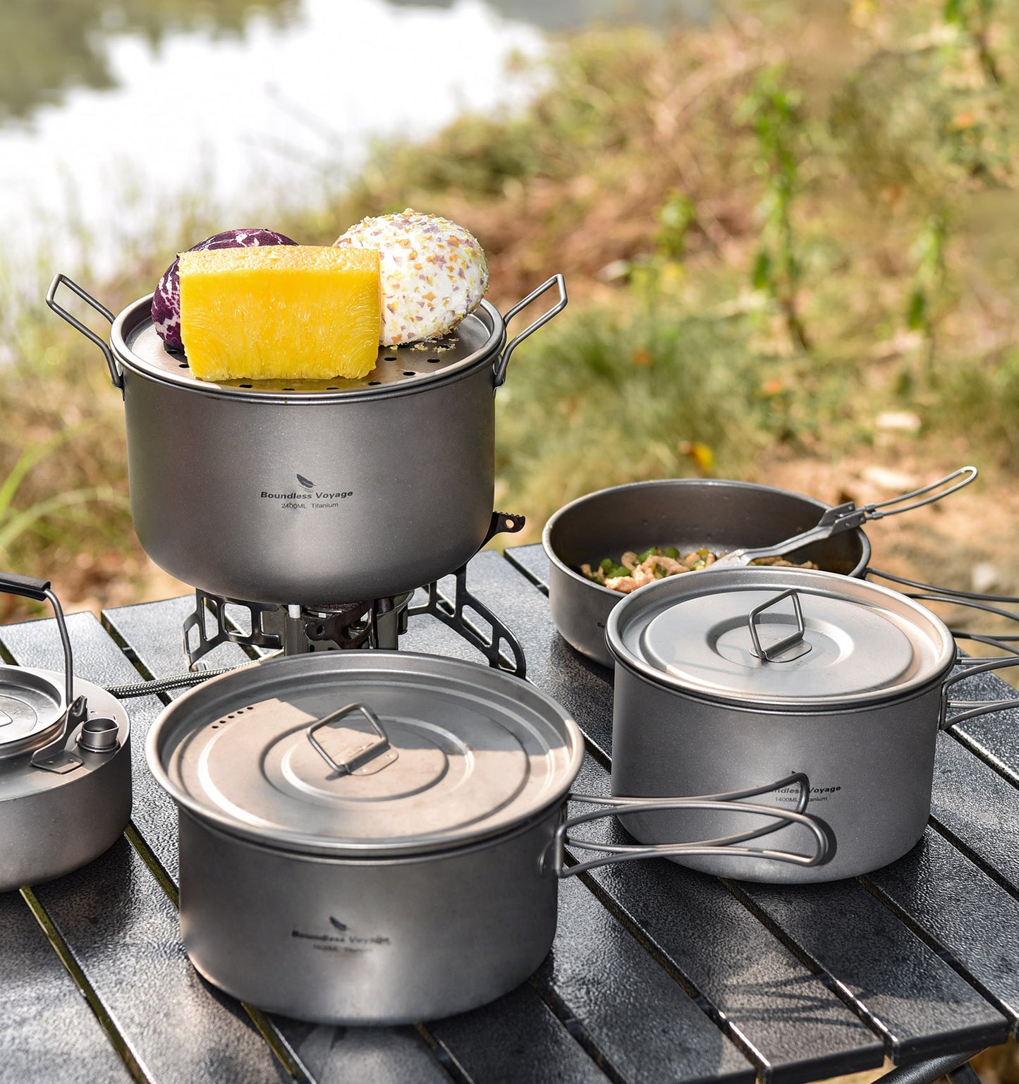 Boundless Voyage Titanium 3pcs Camping Cookware Mess Kit, Camping Cooking Set,  Portable Nonstick Camp Pots Set 1.4L 1.6L 2.4L for Outdoor Camping, Picnic, Hiking, Backpacking