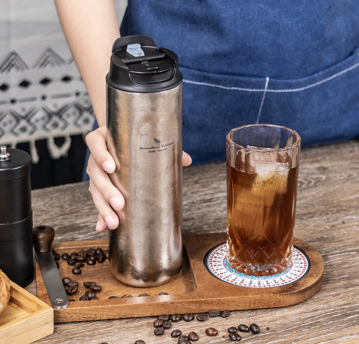 Boundless Voyage Titanium French Press Coffee Tumbler Thermos with Lid Double-Walled Insulated Water Bottle Mug 450ml