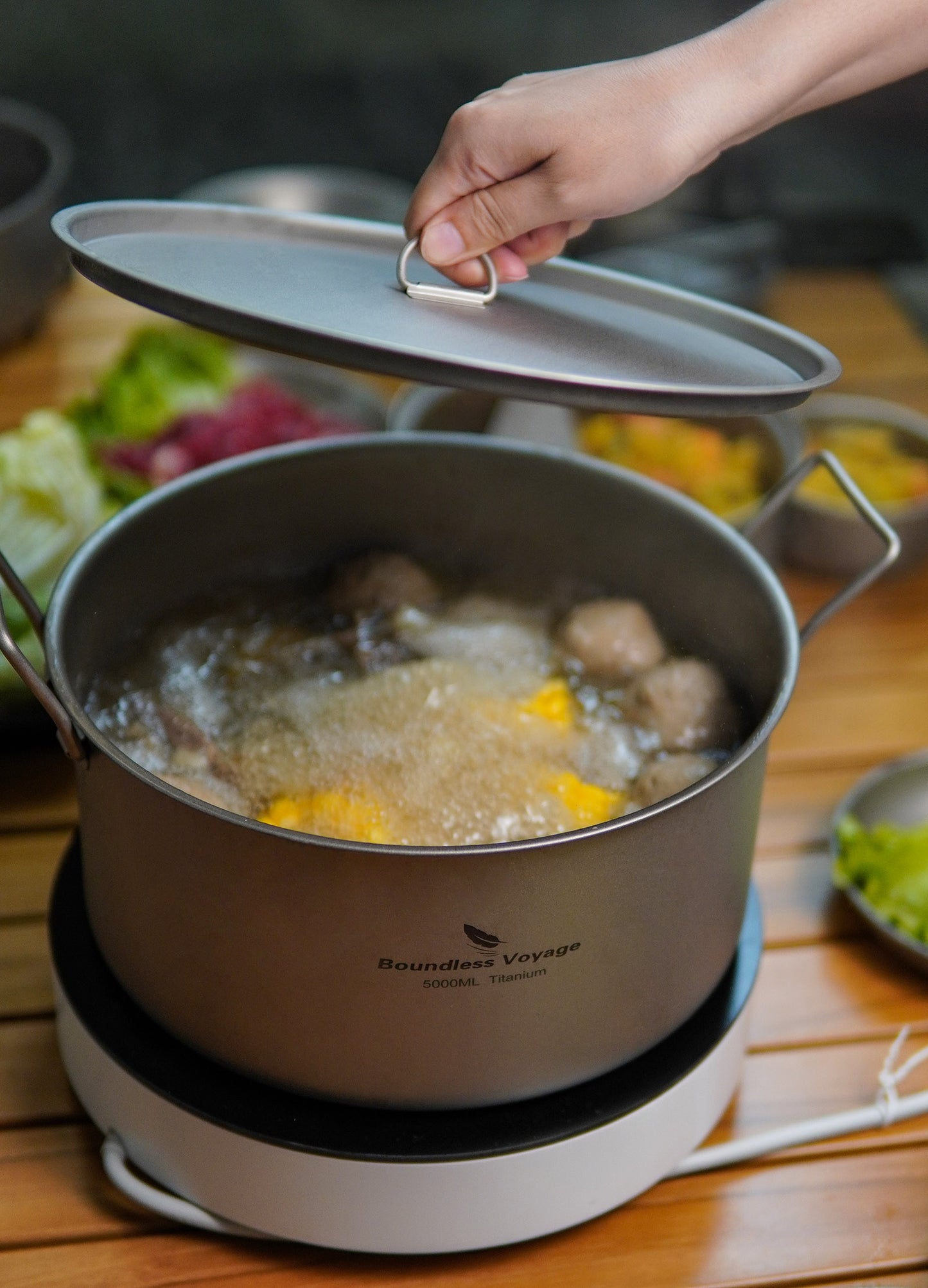 Boundless Voyage Outdoor Camping Titanium Pot 5.0L Stockpot with Lid Folding Handle Hiking Picnic Portable Big Capacity Soup Pot Home Kitchen