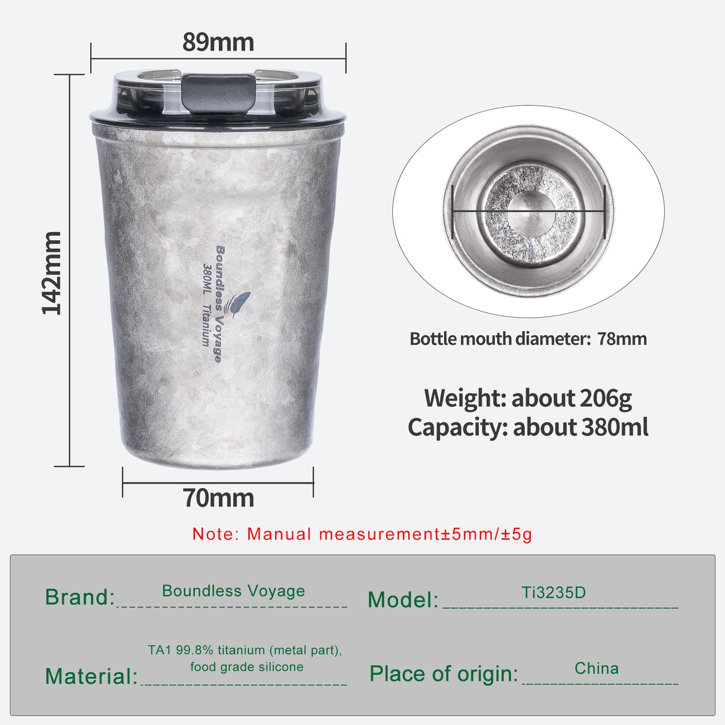 Boundless Voyage Titanium Thermos Bottle with Lid Double-Walled Insulated Water Mug 380ml