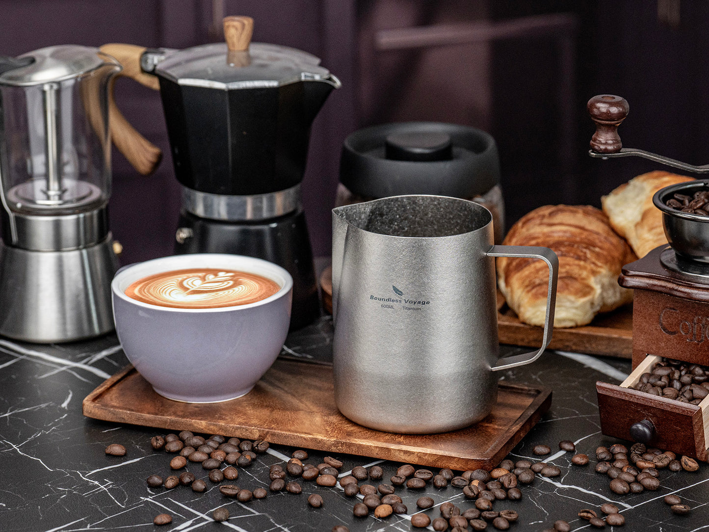 Boundless Voyage Titanium Espresso Steaming Pitcher Titanium Milk Frother Cup Barista Latte Art Round Spout Milk Jug Coffee Cup
