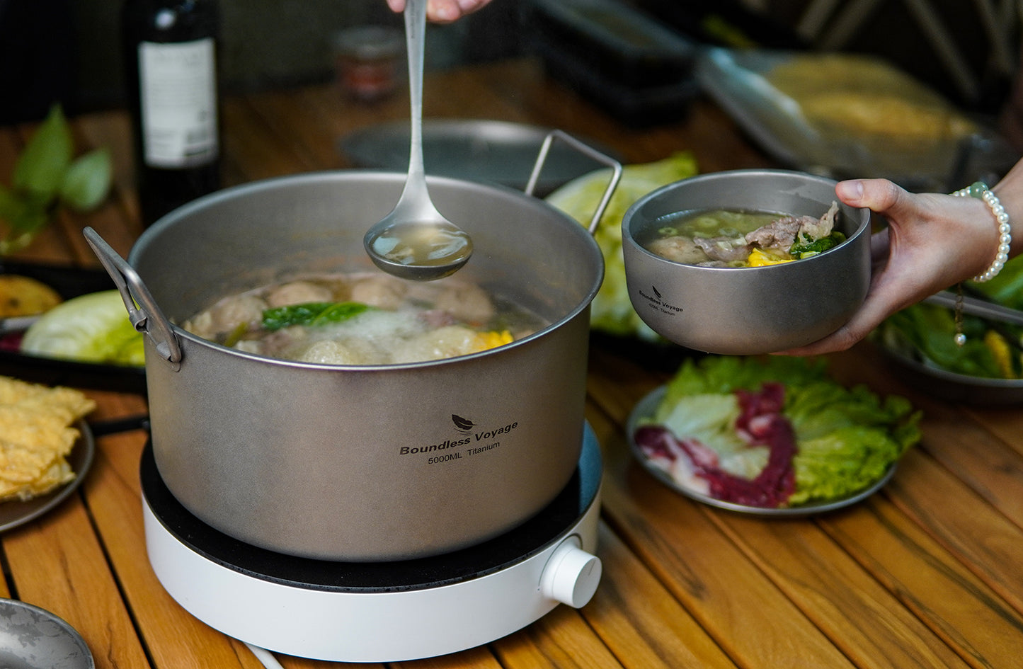 Boundless Voyage Outdoor Camping Titanium Pot 5.0L Stockpot with Lid Folding Handle Hiking Picnic Portable Big Capacity Soup Pot Home Kitchen