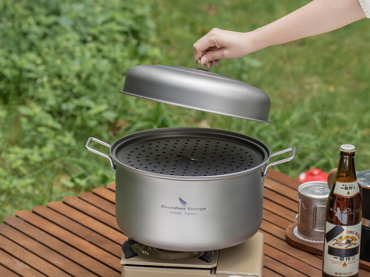 Boundless Voyage Titanium Steamer Soup Pot Outdoor Camping Cookware Lightweight Picnic Hiking Hanging Pot Portable Travel Household Kitchenware Cooking Kit