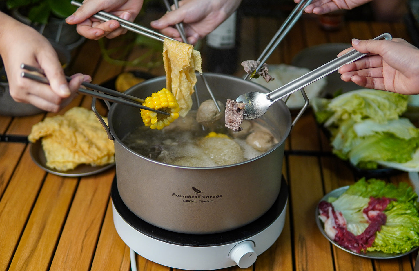 Boundless Voyage Outdoor Camping Titanium Pot 5.0L Stockpot with Lid Folding Handle Hiking Picnic Portable Big Capacity Soup Pot Home Kitchen