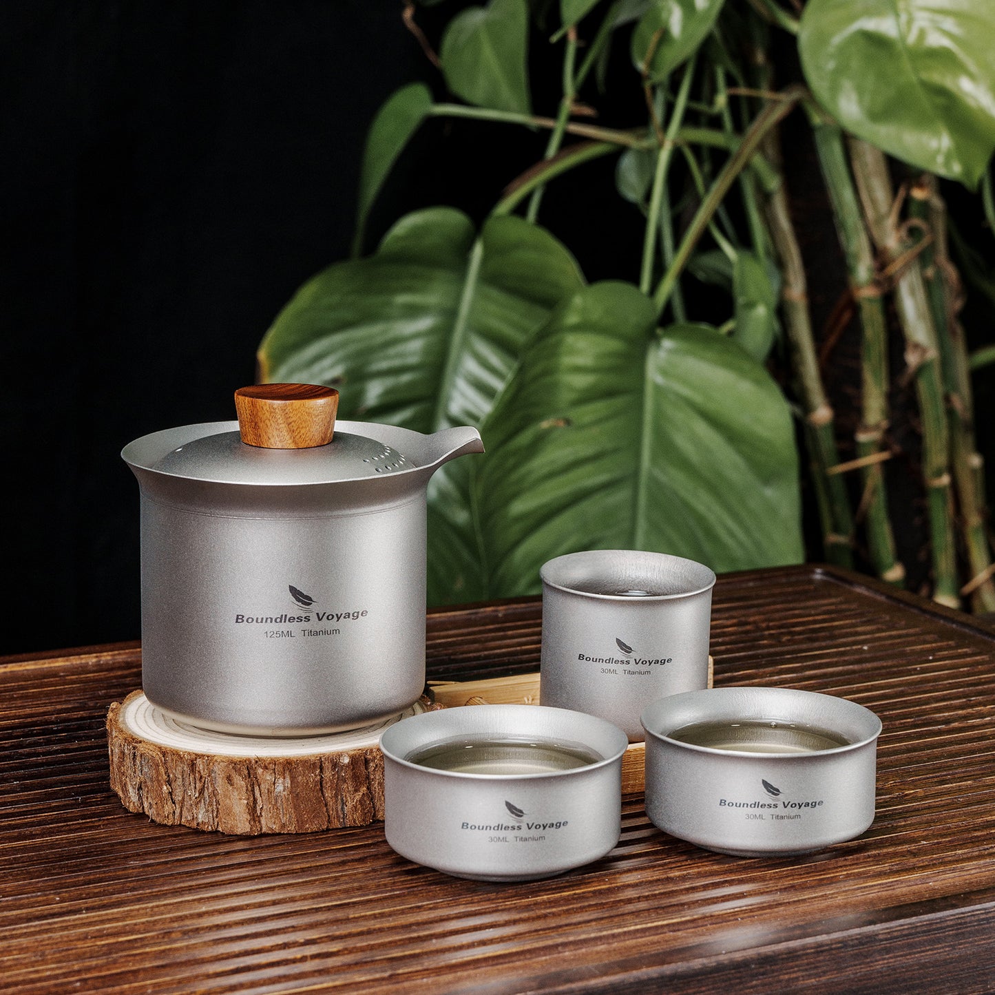 Boundless Voyage Titanium Titanium Double-Layer Tea Maker + 3pcs 30ml Tea Cups Lightweight Outdoor Camping Portable Tea pot sets