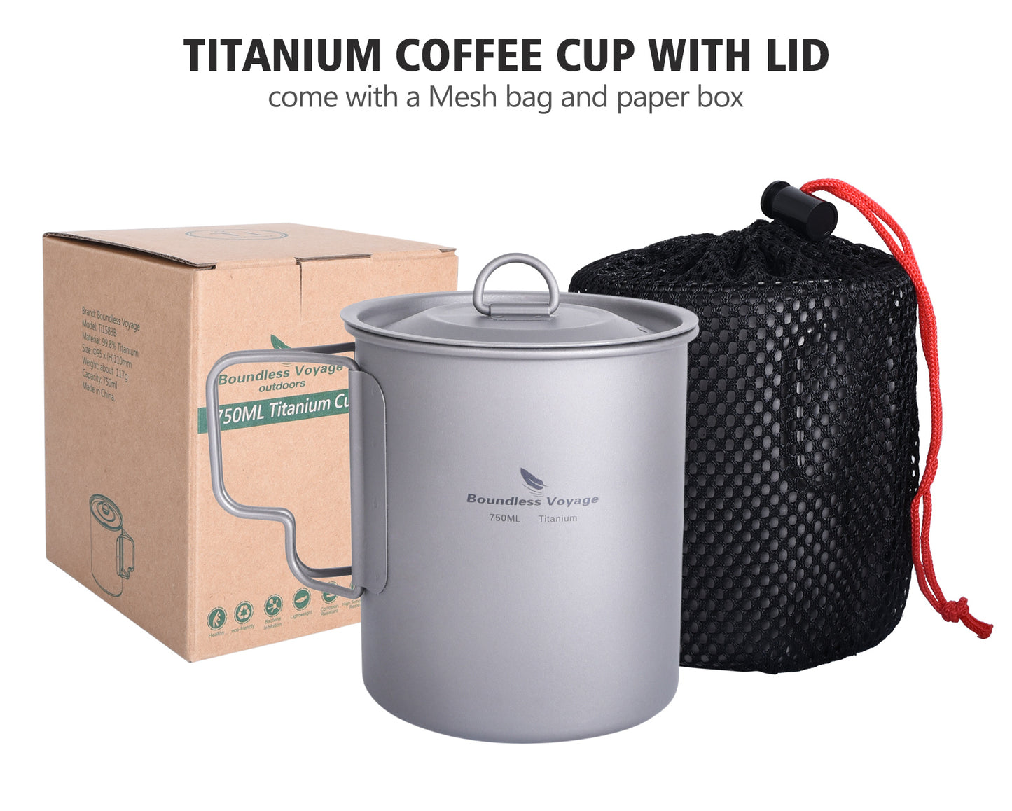 Titanium 750ml Hanging Cup Mug with Folding Handle Outdoor Camping Hiking Picnic Cooking Pot Ultralight Portable