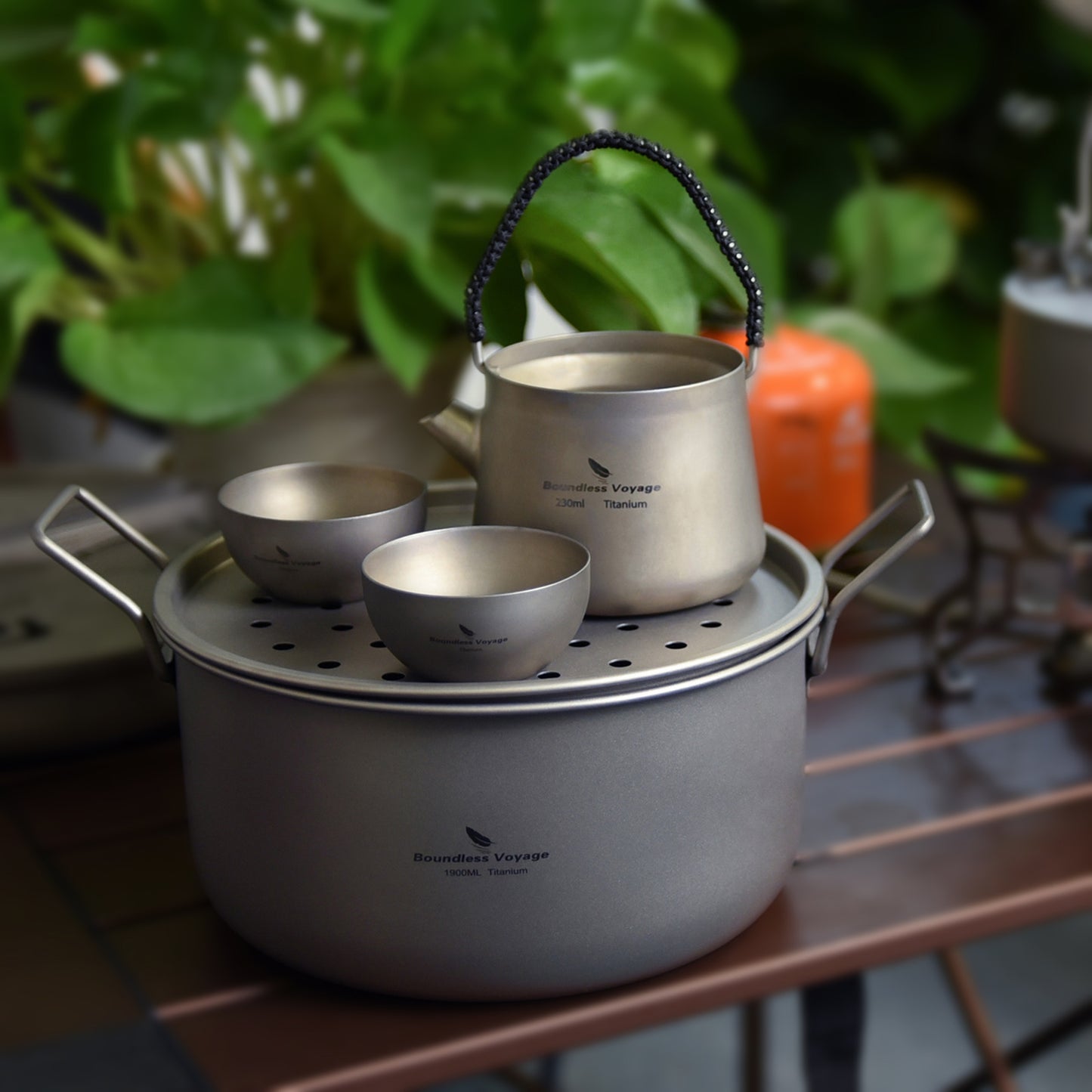 Boundless Voyage Multifunctional Titanium Steamer Soup Pot Frying Pan Set with Lid Outdoor Camping Wok Tea Tray Saucepan Mess Kit