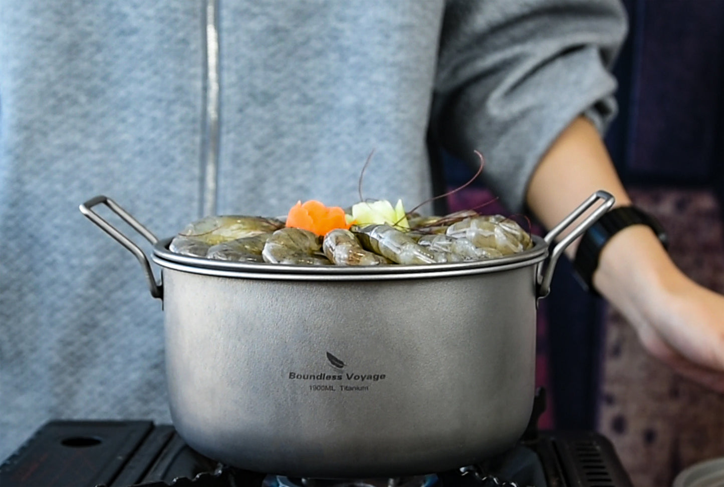 Boundless Voyage Multifunctional Titanium Steamer Soup Pot Frying Pan Set with Lid Outdoor Camping Wok Tea Tray Saucepan Mess Kit