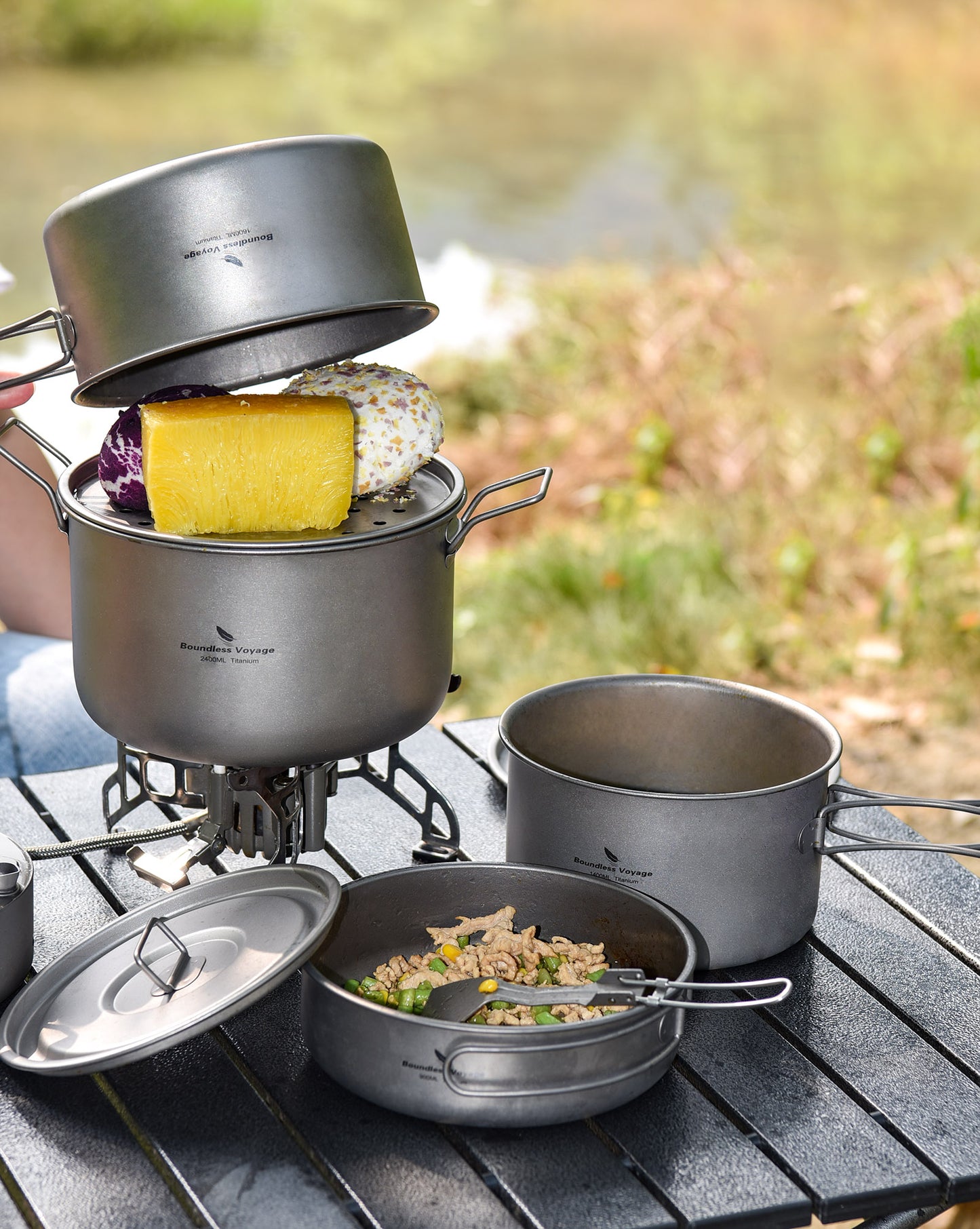 Boundless Voyage Titanium 3pcs Camping Cookware Mess Kit, Camping Cooking Set,  Portable Nonstick Camp Pots Set 1.4L 1.6L 2.4L for Outdoor Camping, Picnic, Hiking, Backpacking