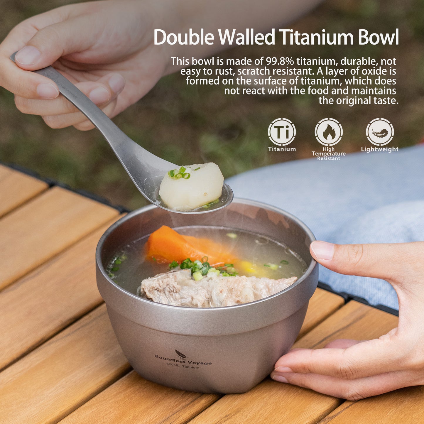 Boundless Voyage 500ml Double Walled Titanium Bowl Oatmeal Food Rice Soup Bowl Ultralight Portable Tableware Outdoor Camping Metal Bowl
