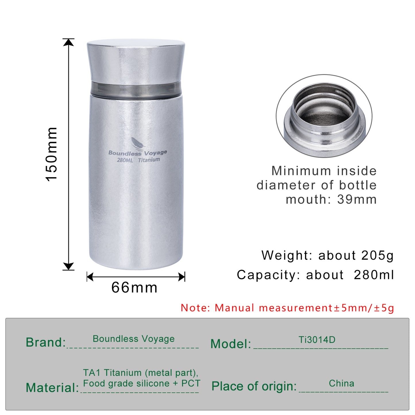 Boundless Voyage 280ml Titanium Vacuum Flask Small Insulated Bottle Portable Car Travel Coffee Tea Cup Keeps Hot or Cold Mini Sports Water Bottle for Chlid Girls Ti3014D