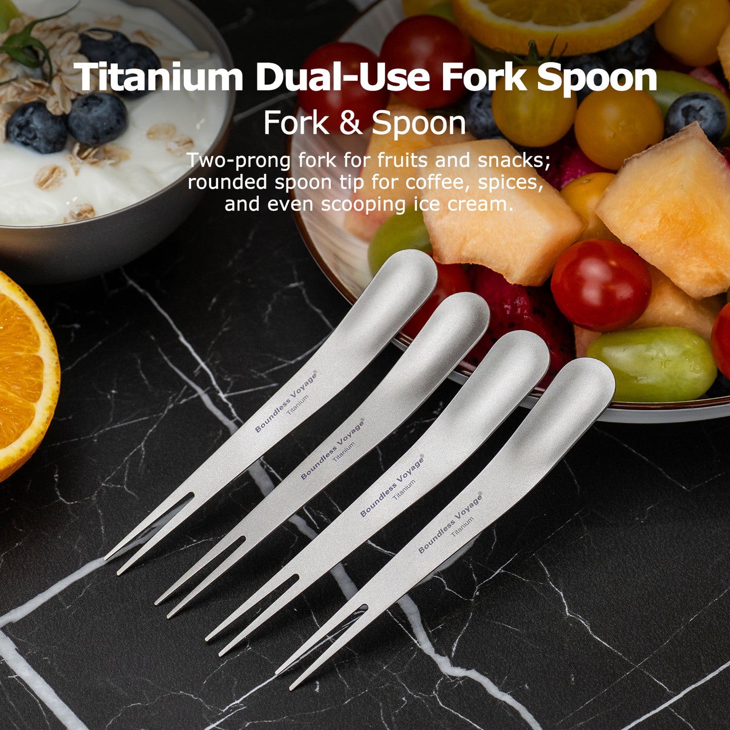 Boundless Voyage Titanium Dual-Use Fork Spoon Set – 5pcs Ultralight (5.6g Each), Camping Cutlery with Drawstring Bag for Fruit, Coffee, Ice Cream & Outdoor Travel