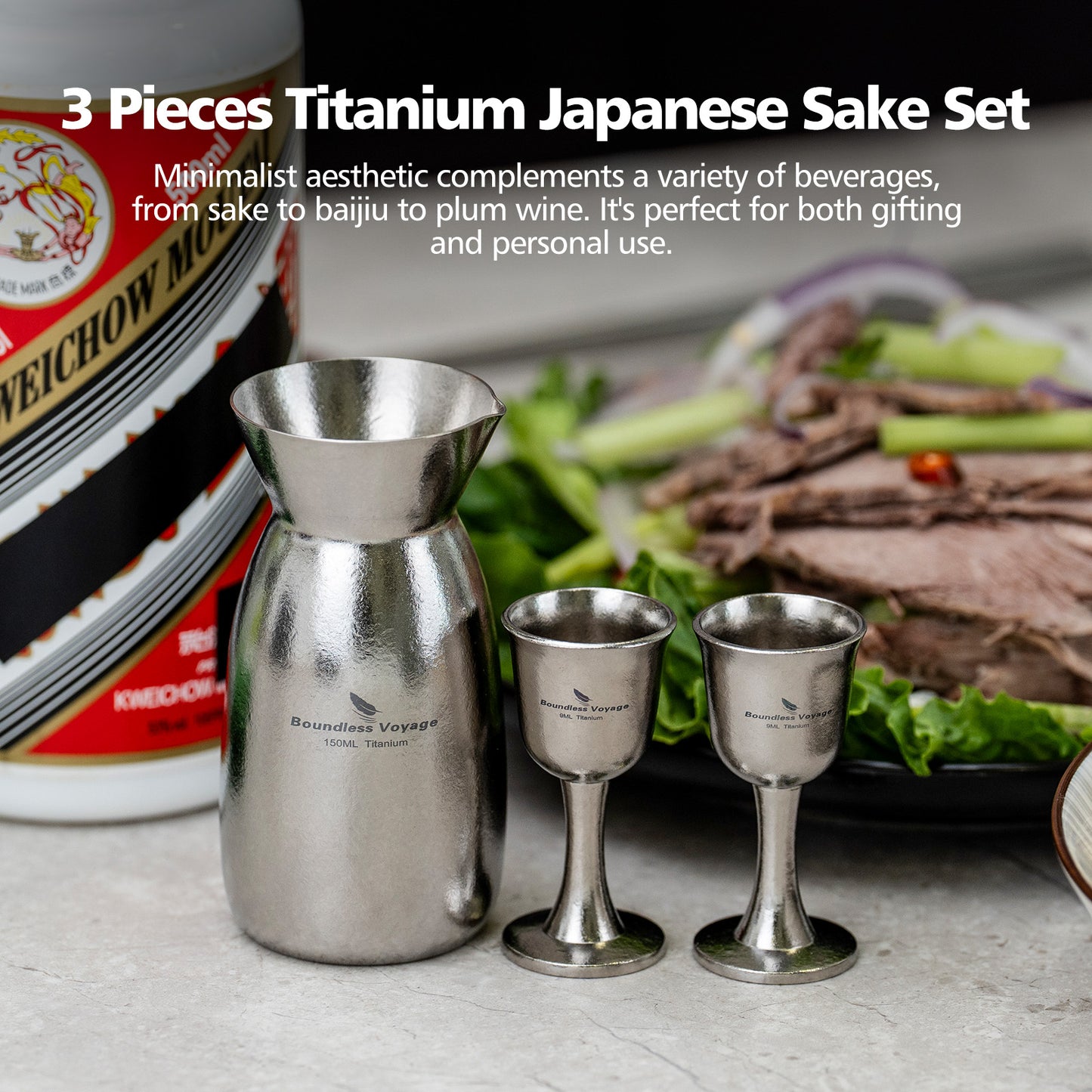 Boundless Voyage 3 Pieces Titanium Japanese Sake Set, 150ml Sake Carafe with 2 Cups, for for Sake Japanese Wine/Soju/Drink/Tea Dishwasher Safe Portable Drinkware for Outdoor Travel