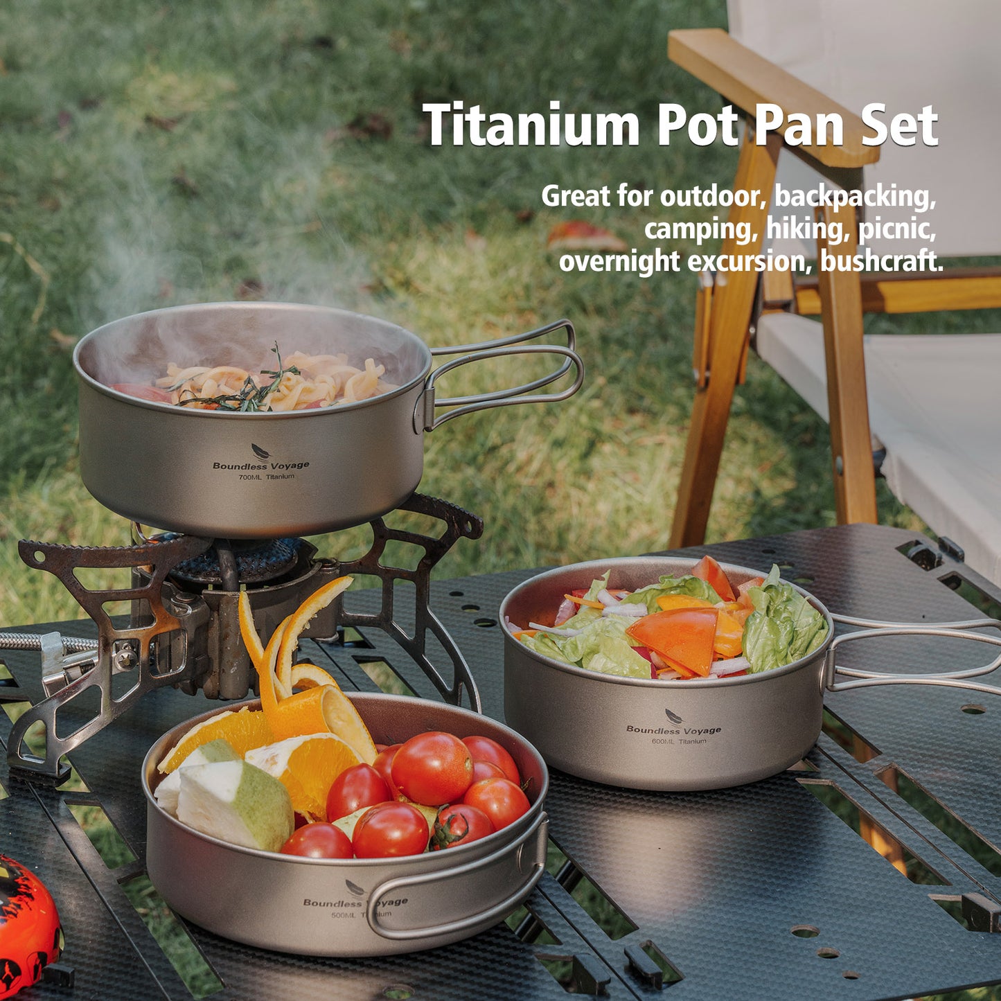 Boundless Voyage Titanium Pot Pan Set with Collapsible Folding Handle Ultralight Tableware Outdoor Dinnerware Set 3pcs
