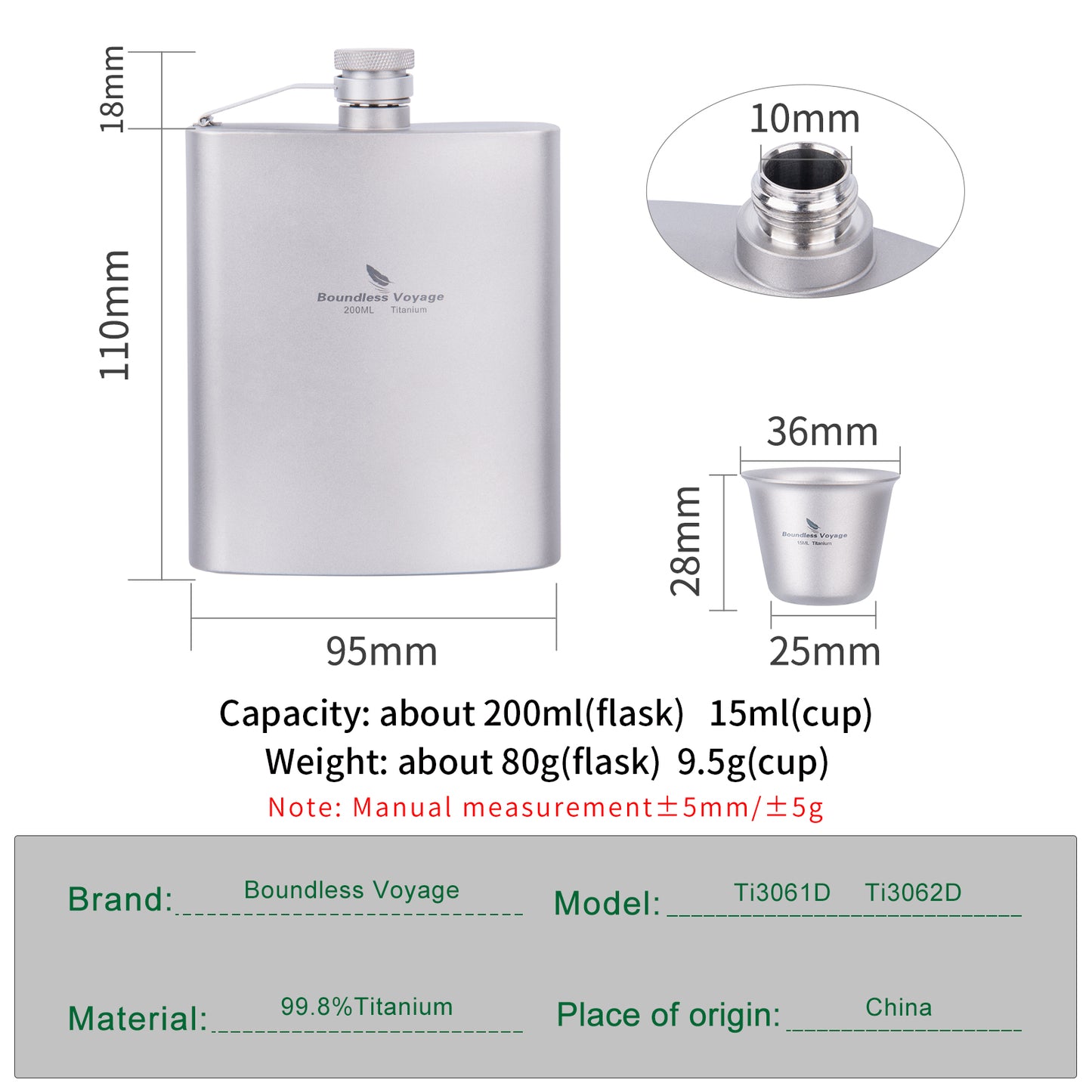 Boundless Voyage Titanium Flask with Cup 200ml Ultralight Pocket Hip Flask for Outdoor Camping Hiking