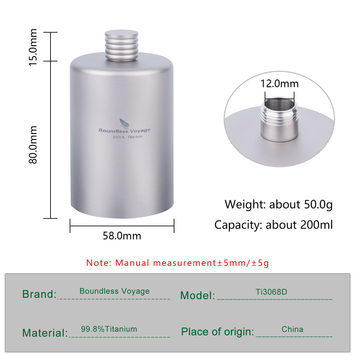 Boundless Voyage 200ml Titanium Pocket Flagon – Portable Camping Flask, Lightweight Hip Flask for Outdoor Adventures, Picnics, & Sports
