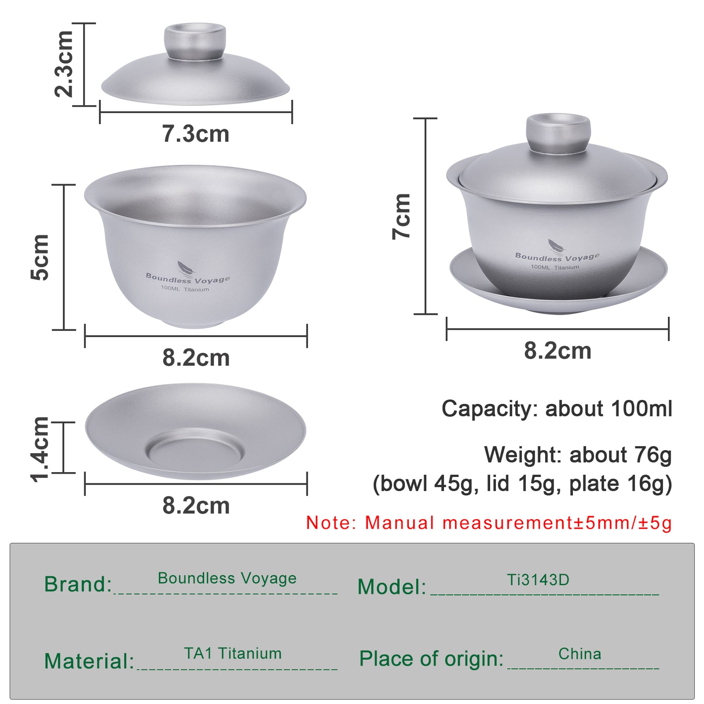 Boundless Voyage Titanium Double-Walled Teapot Chinese Traditional Three-talent Covered Bowl Triad Lid Bowl Kung Fu Gaiwan Anti-Scalding Tea Bowl Tea Set