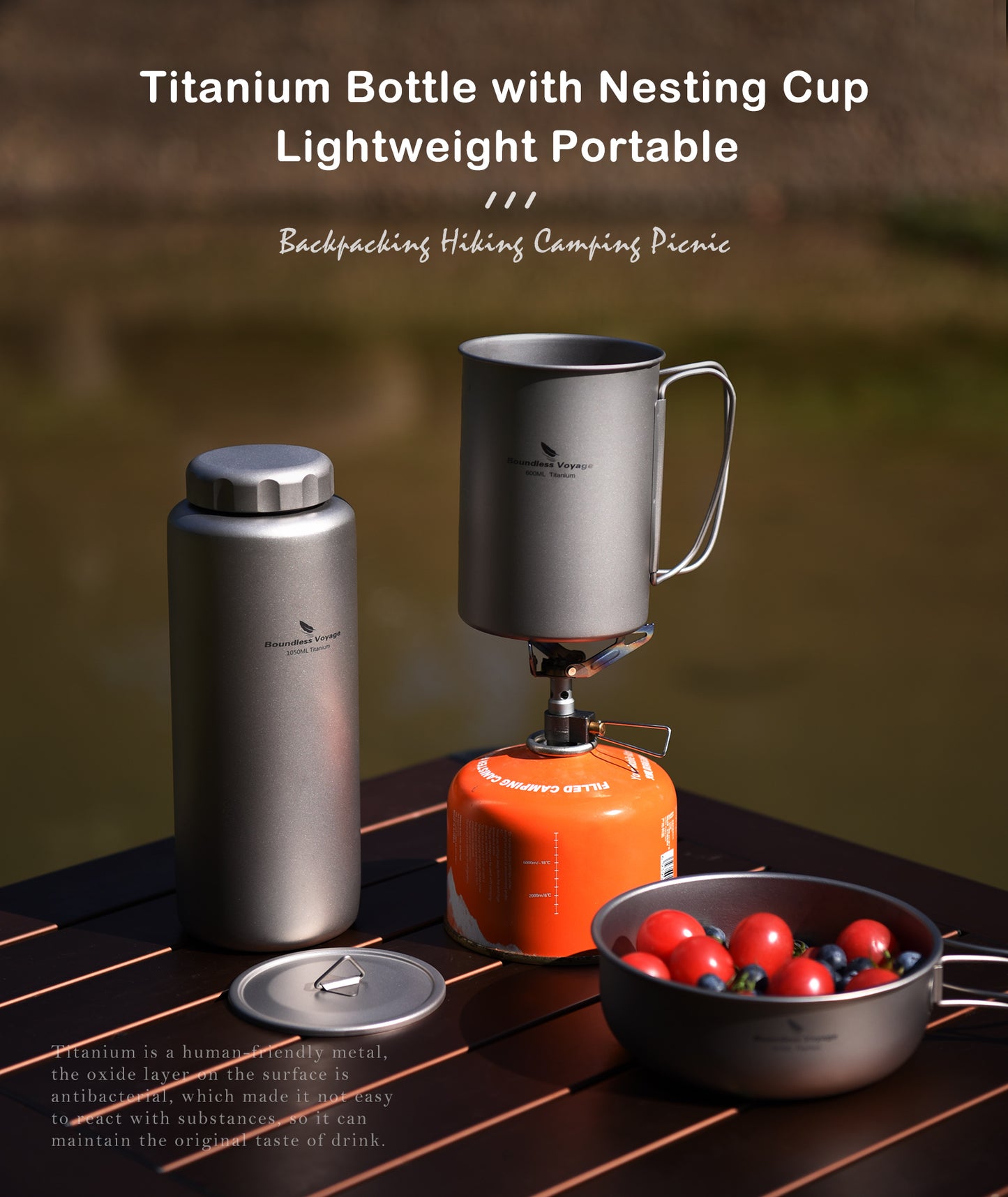Boundless Voyage Titanium Bottle with Nesting Cup Lightweight Portable for Hiking Camping Picnic