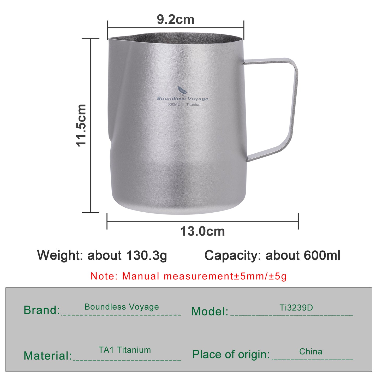 Boundless Voyage Titanium Espresso Steaming Pitcher Titanium Milk Frother Cup Barista Latte Art Round Spout Milk Jug Coffee Cup